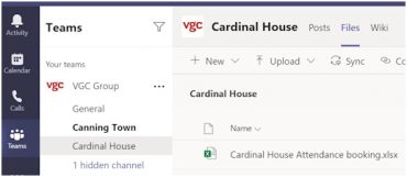screensnip to show the MS Teams booking system for Cardinal House and Canning Town offices